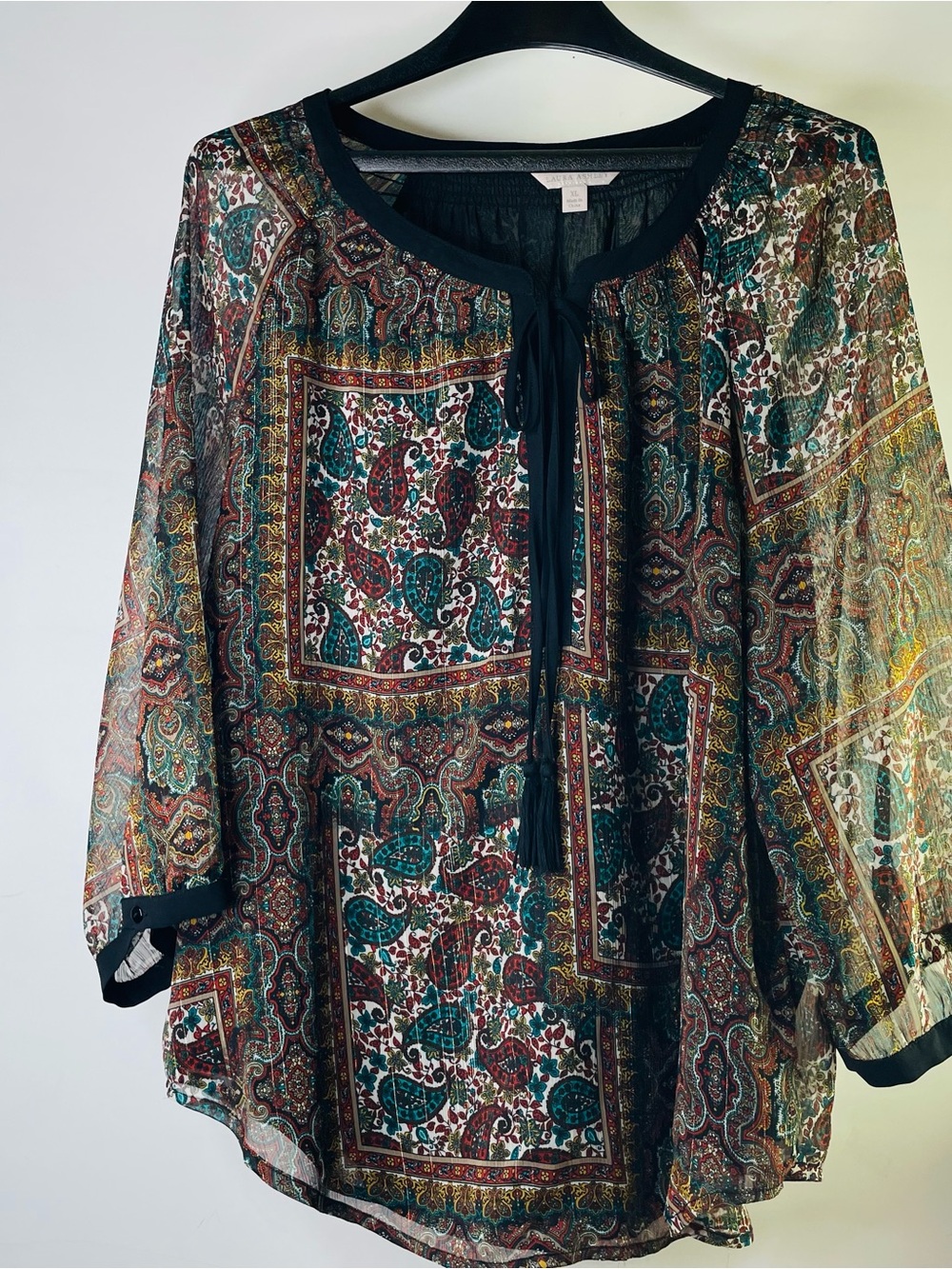 Laura Ashley Sheer Paisley Tie-Front Tunic - Black, Teal, Burgundy